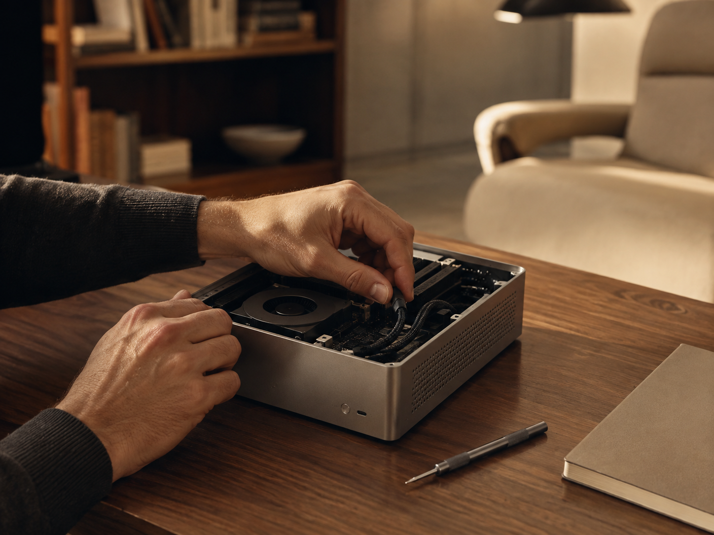 A custom computer being assembled carefully by hand