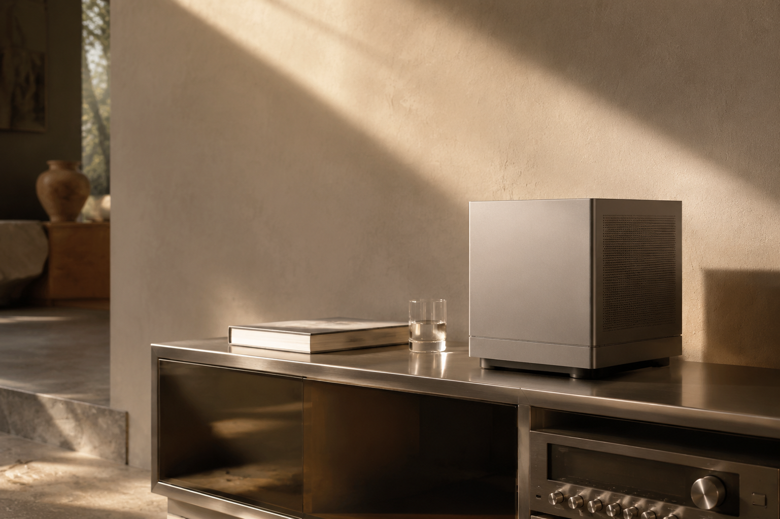 A bespoke aluminum private AI computer in a warm modern interior